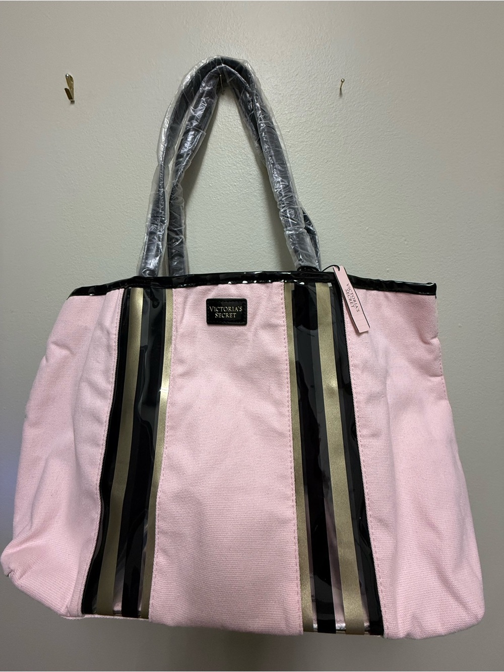 Victoria's Secret Pink Tote with Black and Gold Accents with wrist purse NWT